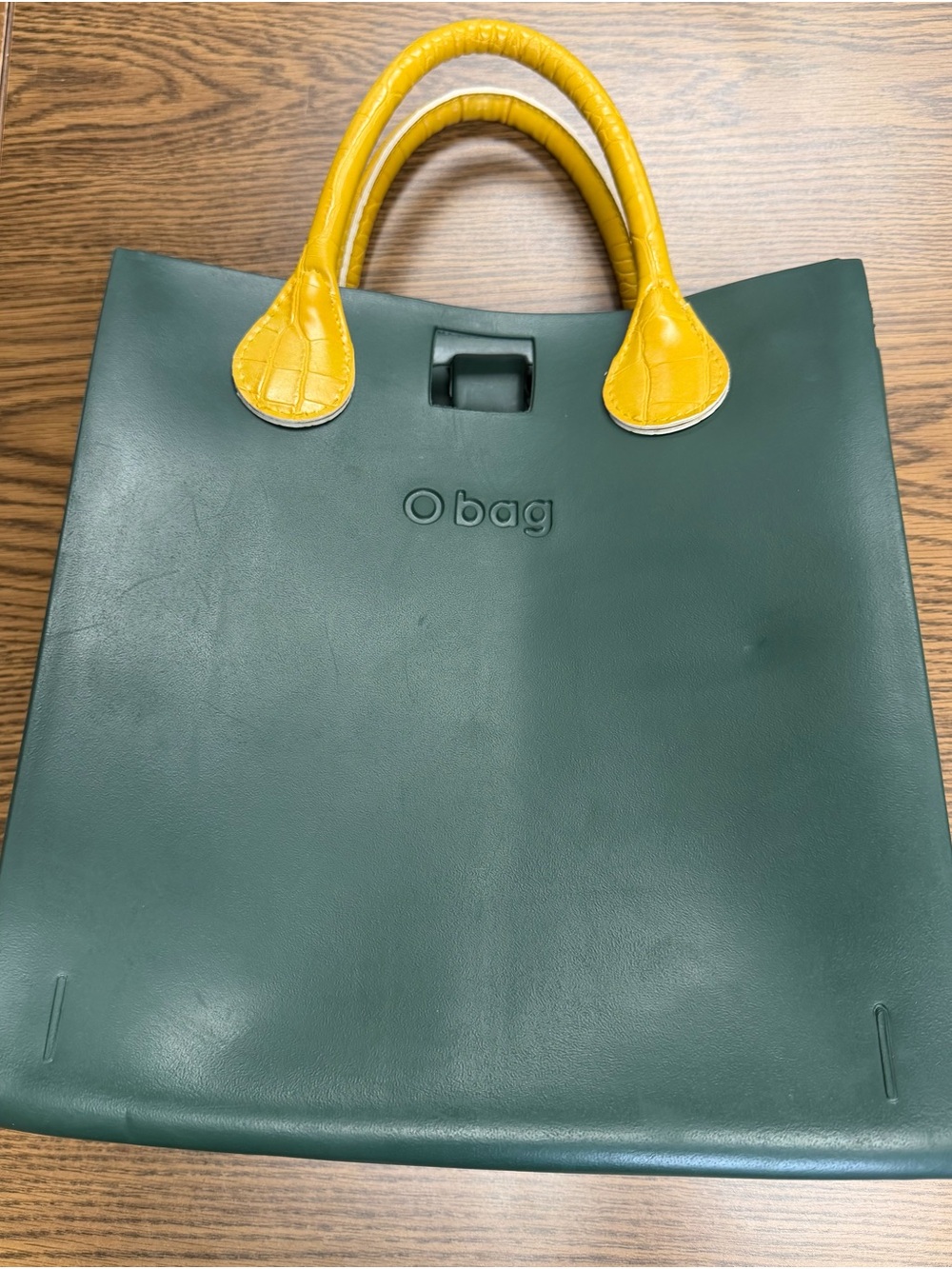 O bag Forest Green Tote with Yellow Faux-Croc Embossed Handles